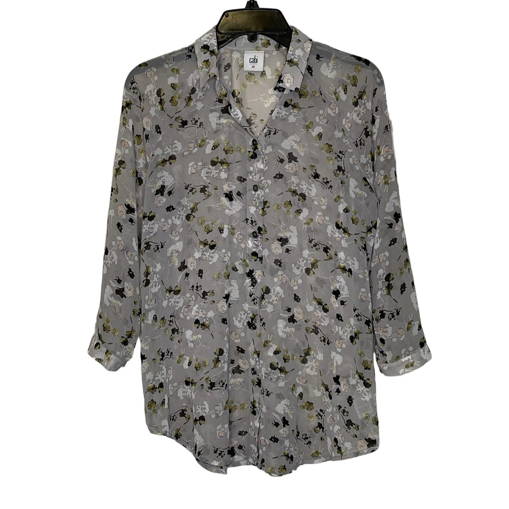 CAbi Blouse‎ Size XS Gray Multi Floral Pattern Womens Sheer Button Up Polyester